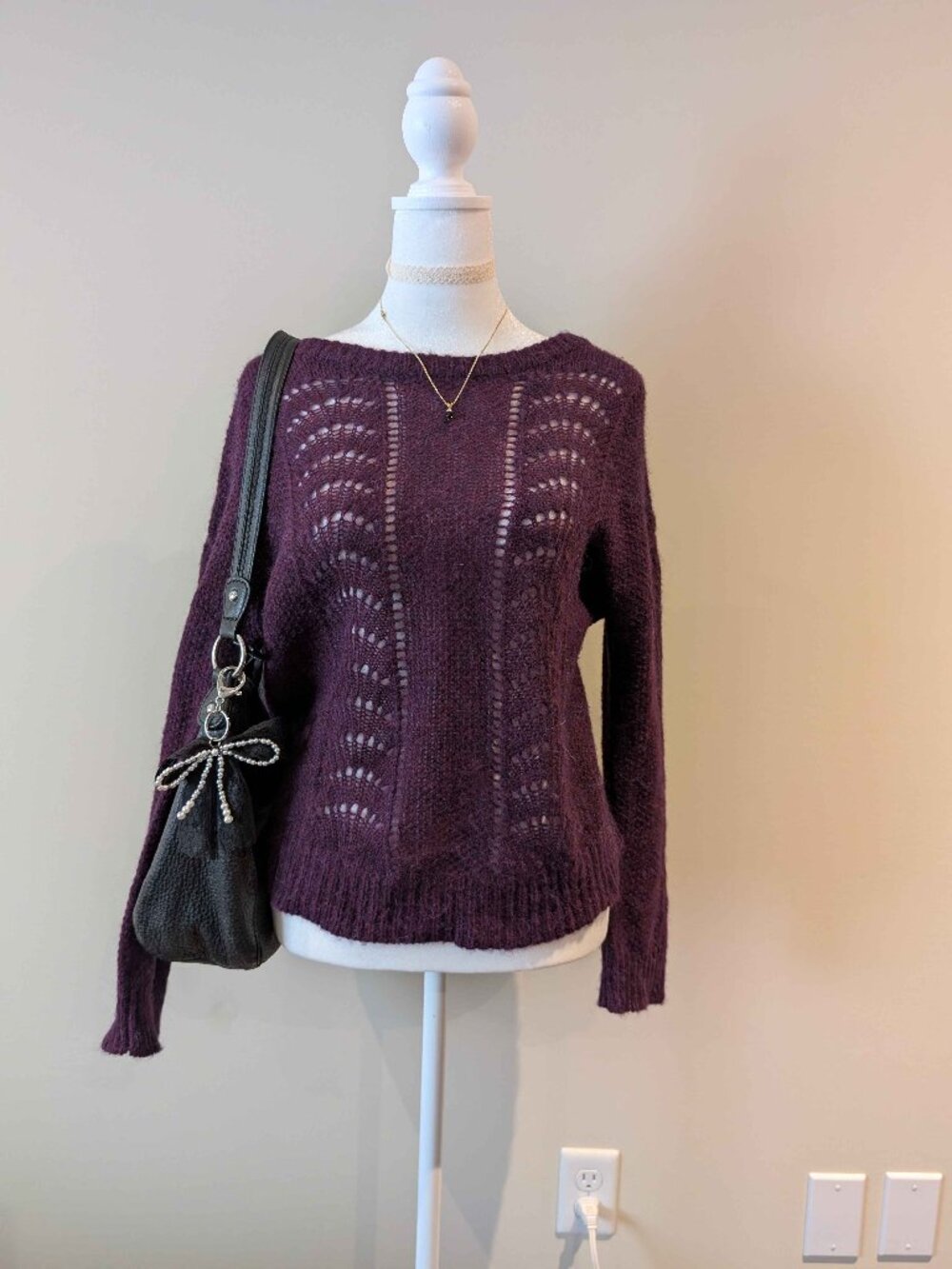 Rails Plum Pointelle Lace Knit Boat Neck Sweater | Size S